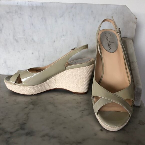COLE HAAN Nike Air Open Toe Wedge Platform Espadrille Sandal Patent Nude… - Picture 1 of 17